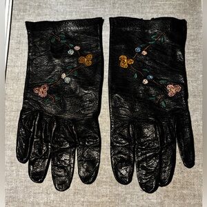 Embroidered Black kid Leather Gloves